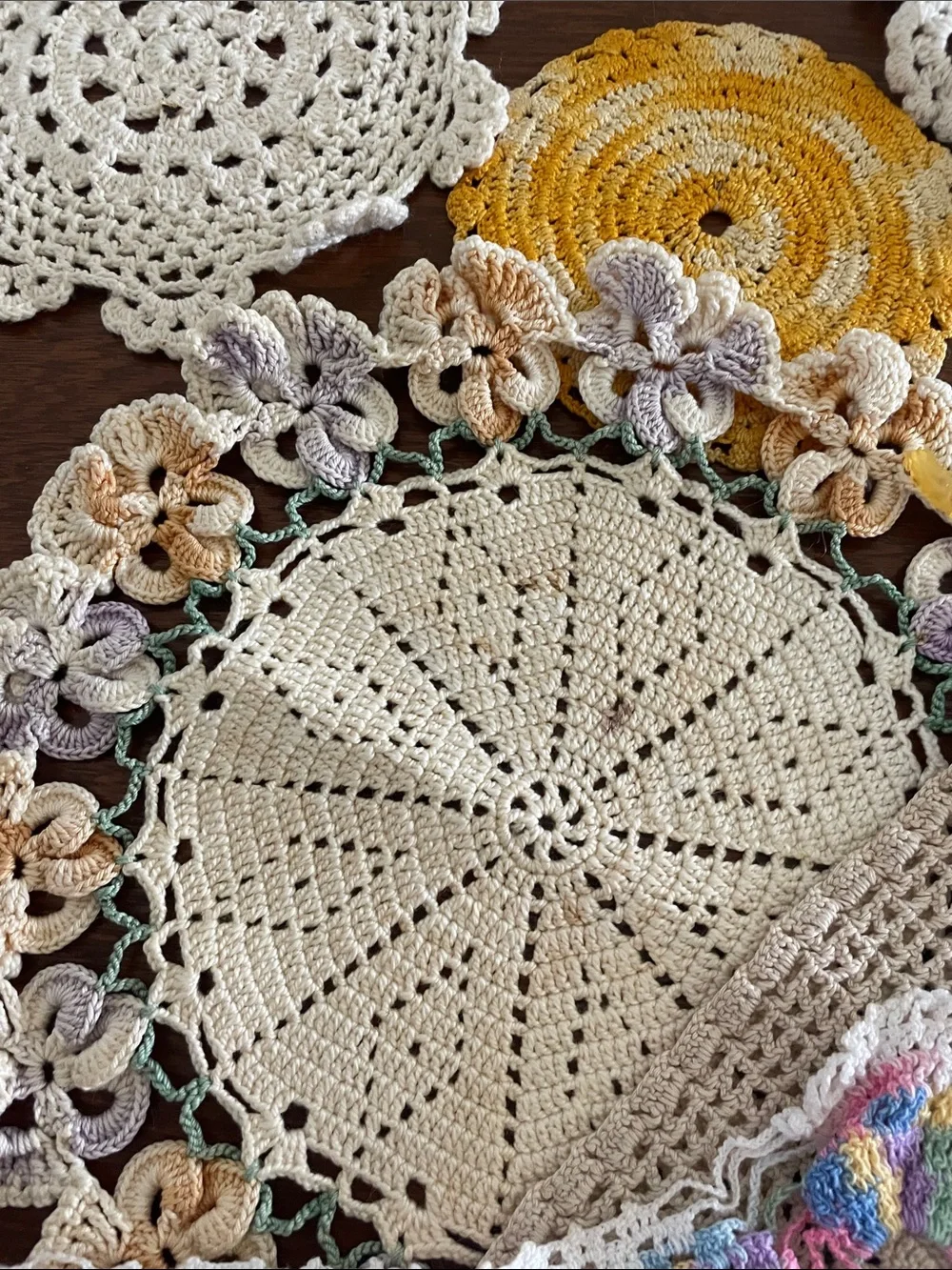 Handmade Crochet Doily & Table Accent Set in Cream, Yellow, Pastel Multicolor